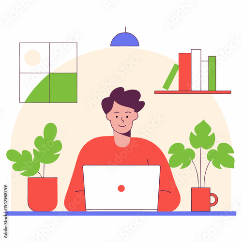 Smiling Freelancer Man Efficiently Working from Home on Laptop, Engaged in Digital Tasks and Remote Business in a Bright Workspace