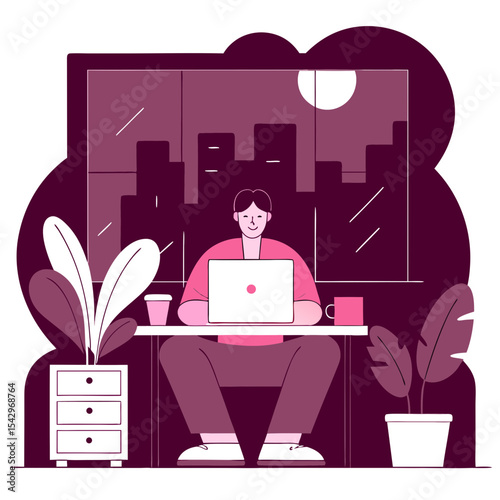 Smiling Man Engaged in Telework from a Home Office at Night, Productively Working on Laptop with an Urban Cityscape View