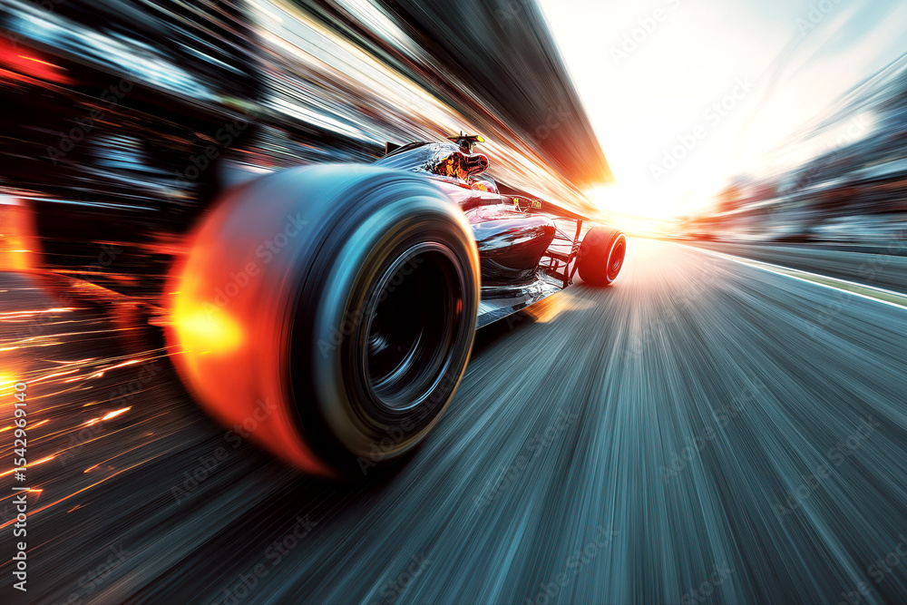 Obraz premium rear wheel of sports racing car formula one racing on the track close-up