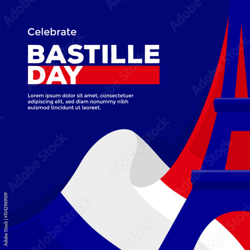 Celebrate Bastille Day social media post template with illustration of Eiffel tower and France flag with minimalist and flat design on dark blue background