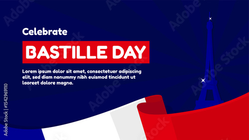 Bastille Day greeting template horizontal background with Eiffel tower and France flag perfect for celebrate Bastille Day on July 14