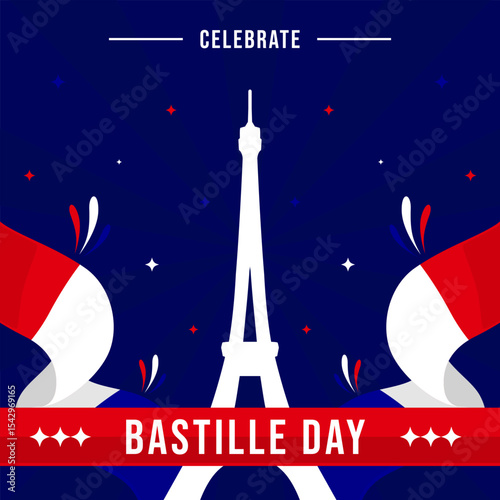Bastille Day template greetings. France flag background perfect for Bastille Day celebration on July 14. Happy Bastille Day social media post with minimalist and flat design on dark blue background