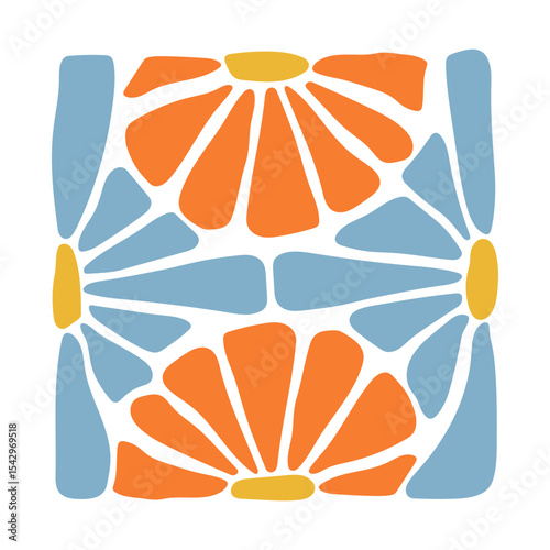 Abstract colorful floral design with blue and orange flower petals and green leaf. Hand-drawn modern botanical composition. Perfect for textile, crafts, digital art, wall decor, and print projects.