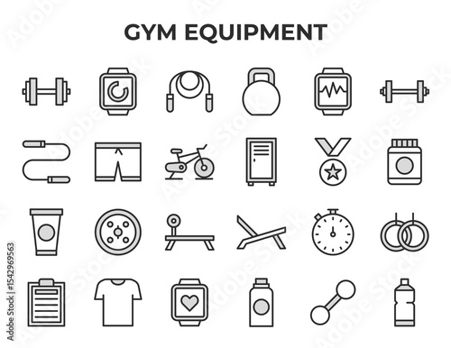Gym Equipment Vector Icon Set - Dumbbell, smartwatch, jump rope, kettlebell, heart rate monitor, skipping rope, shorts, exercise bike, locker, supplement, protein shake, weight plate, - Editable