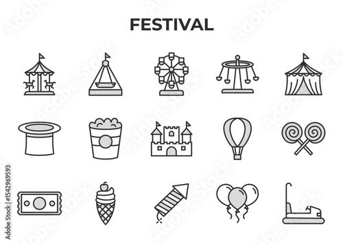 Festival & Amusement Park Vector Icon Set - Carousel, tent, ferris wheel, swing ride, circus tent, magic hat, popcorn, castle, hot air balloon, lollipop, ice cream, fireworks, balloons, bumper car