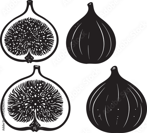 Elegant Silhouette Fruit Set Vector Illustrations of Figs in Four Poses - Whole, Sliced Open, and Half