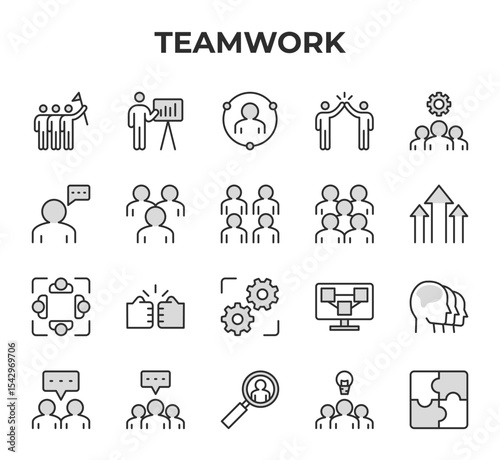 Teamwork Vector Icon Set - Team, presentation, user profile, high five, group settings, speech bubble, multiple users, group of people, growth arrows, collaboration, fist bump, gears, network Editable