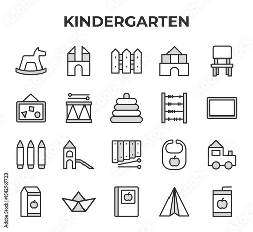 Kindergarten Vector Icon Set - Rocking horse, building blocks, fence, castle, chair, whiteboard, drum, stacking toy, abacus, picture frame, crayons, playground slide, xylophone, bib, toy - Editable