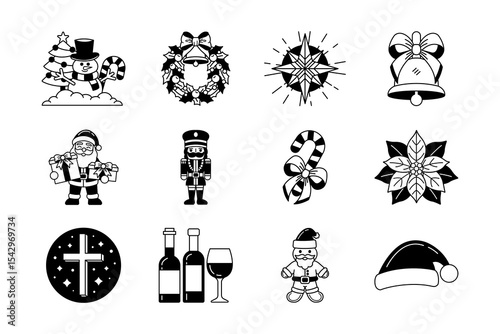 black and white illustration icons of christmas collection