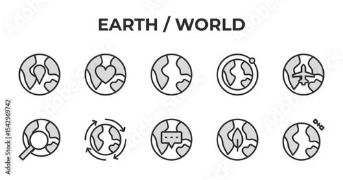 Earth & World Vector Icon Set - Earth with pin, earth with heart, globe, earth with orbit, earth with airplane, earth with magnifying glass, cycling earth, earth with chat bubble, earth - Editable