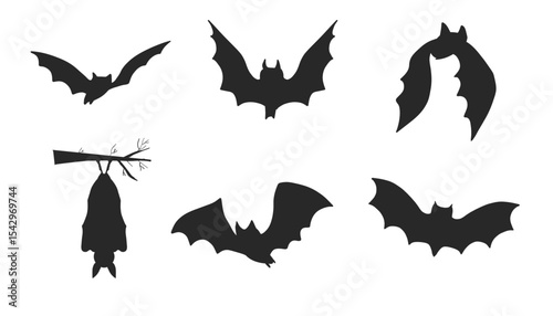 Halloween bat set in silhouette style. Hanging and flying cartoon bats with scary and cute elements. Isolated vector illustration for spooky autumn celebrations.