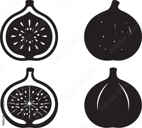 Versatile Silhouette Fruit Set Fig Vector Illustrations - Whole, Sliced, and Half Fig Silhouettes for Design Projects