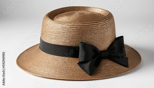 A beige straw hat with a wide brim, adorned with a large black satin bow and ribbon around the crown. AI generated.
