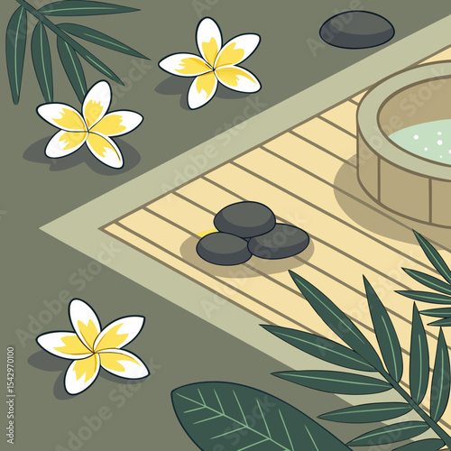 Serene Spa Scene Bamboo Mat Hot Tub Plumeria Flowers and Hot Stones