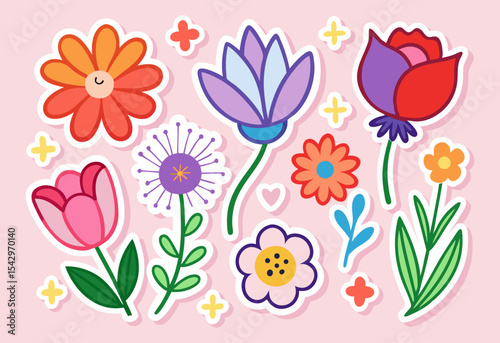 A big bundle of Floral spring vector stickers isolated on pink background. 