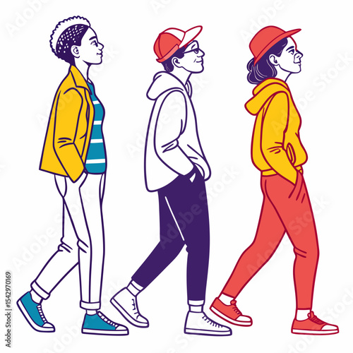 Diverse Young Adults Walking Casual Street Style Side Profile Illustration