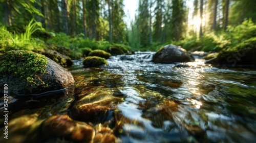 A serene forest stream glistens with sunlight reflecting off smooth stones and moss. The calming atmosphere invites peace and nature appreciation in every gaze.