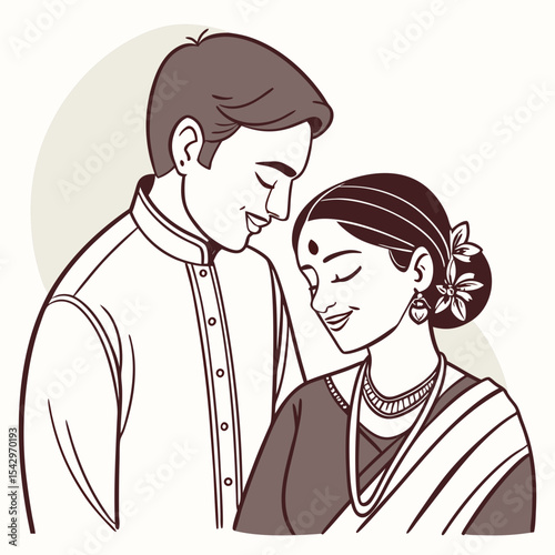 Romantic Indian Couple in Traditional Attire Close Embrace Line Art Illustration