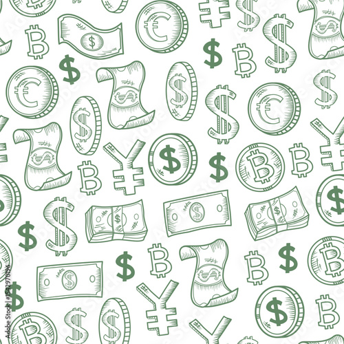 Money pattern background. Finance sign Pattern background. Currency Doodle Pattern background. Finance and Investment Icon Background.