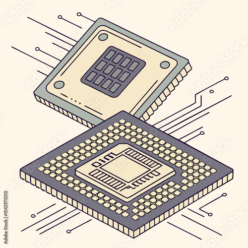 Isometric Illustration of Two Computer Microprocessors with Circuitry Connections