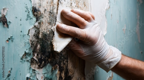 A close-up photo of a hand wearing a glove diligently cleaning mold from a wall surface, symbolizing the effort to maintain cleanliness and health within a home environment.