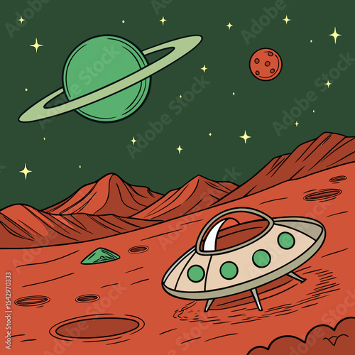 Retro Space Illustration UFO Landing on Mars with Planets and Stars