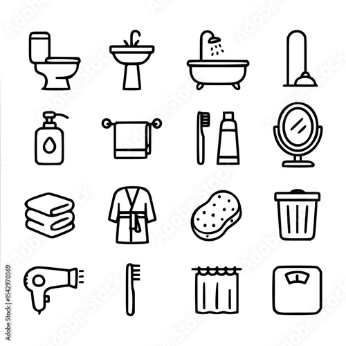 Clean and minimalistic black and white vector icon set featuring 16 bathroom-related essentials. Each icon is precisely outlined and isolated on a white background