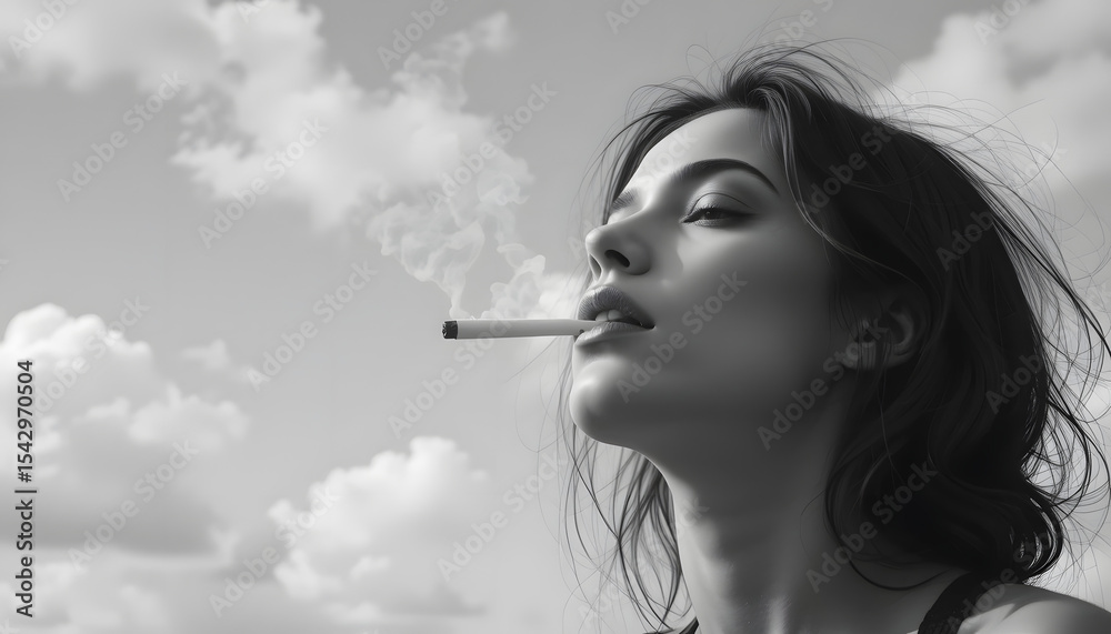 Fototapeta premium A Woman face Black and White Smoke by mouth a cigarette use no hand on white background