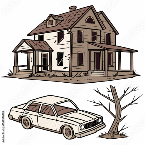 Abandoned House Derelict Home Old Car Spooky Illustration Vintage Style Rustic Setting Weathered