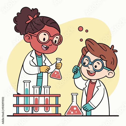 Happy Kids Scientists Performing Experiments in Lab Conducting Science Experiment Elementary School