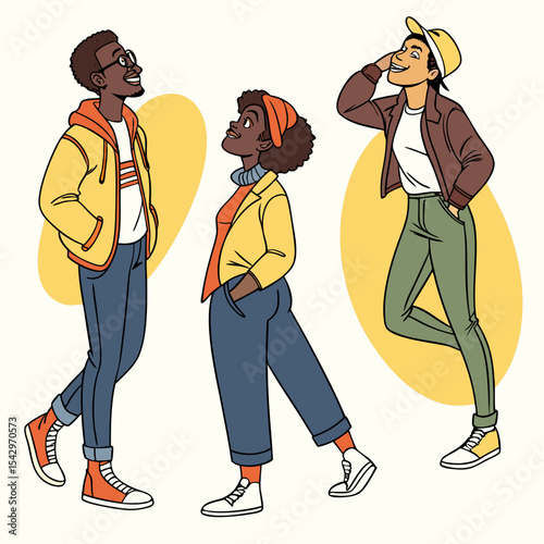 Diverse Group of Young Adults in Casual Fashion Walking and Posing Outdoors