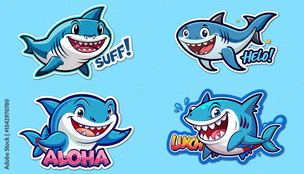 Obraz premium A big bundle of cheerful cartoon shark sticker in various poses vector illustration 