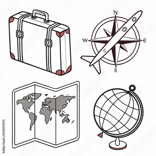 Travel Essentials Suitcase Compass Airplane World Map Globe Journey Planning Concept