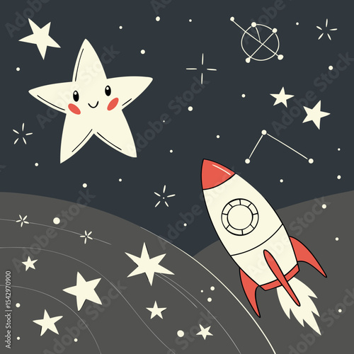 Cute Cartoon Rocket Ship Flying Towards Smiling Star in Space Night Sky Illustration