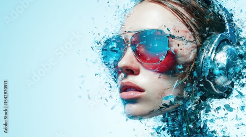 A futuristic portrayal of a woman breaking through a glass-like surface, adorned with stylish headphones and sunglasses, embodying modernity and a digital age vibe.