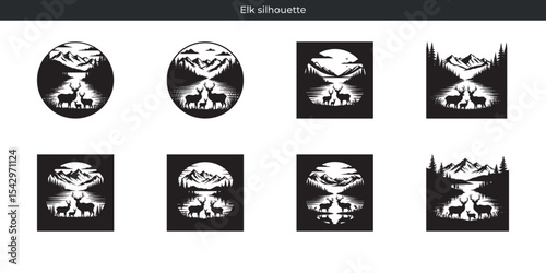 Elegant elk silhouette designs depicting nature scenery and mountainous landscape in black and white