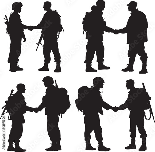 Silhouettes of Soldiers Shaking Hands in a Symbol of Peace, Unity, and Military Brotherhood for International Cooperation and Veteran Recognition