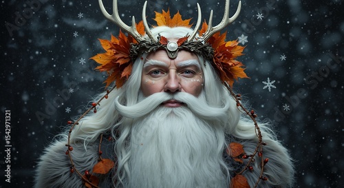 Mythical winter king antler crown autumn leaves beard snowflakes dark background. Fantasy folklore character seasonal mythology. Norse Celtic legend concept