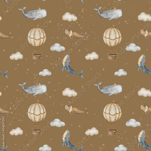 Watercolor pattern vintage whales, narwhal, sperm whale, hot air balloon, clouds Hand drawn illustrations on children style beige, ocher retro background for design textile fabrics packaging wallpaper