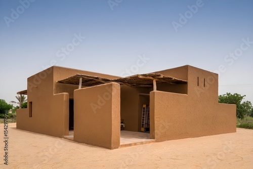 Modern Mud House Minimalist Small Exterior Senegal Style Diverse Natural Settings Vibrant Accents Photorealistic Textures Dynamic Lighting Randomized Weather Elegant Design (AI-Generated)