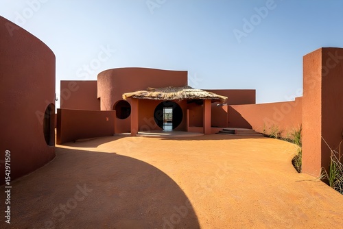 Modern Mud House Minimalist Small Exterior Senegal Style Diverse Natural Settings Vibrant Accents Photorealistic Textures Dynamic Lighting Randomized Weather Elegant Design (AI-Generated)