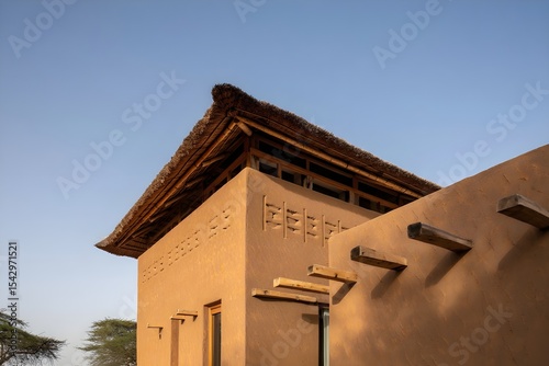 Modern Mud House Minimalist Small Exterior Senegal Style Diverse Natural Settings Vibrant Accents Photorealistic Textures Dynamic Lighting Randomized Weather Elegant Design (AI-Generated)