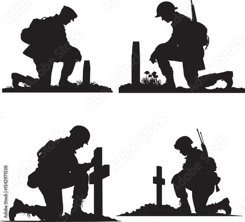 Silhouettes of Soldiers Paying Tribute at Graves, Representing Remembrance, Sacrifice, and Honor in Military and War Memorials for Veterans and Fallen Heroes