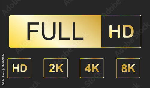 Video resolutions full ultra quad HD, video quality badge icon. Video resolution set.