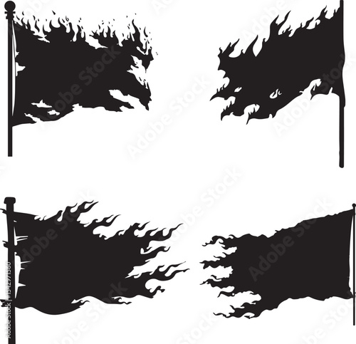 Silhouettes of Flags with Flames, Representing Strong Winds, Revolution, and Political Protest Symbols for Nationalism, Defiance, and Freedom Movements