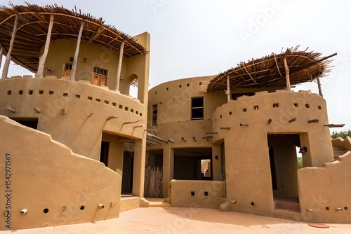 Modern Mud House Minimalist Small Exterior Senegal Style Diverse Natural Settings Vibrant Accents Photorealistic Textures Dynamic Lighting Randomized Weather Elegant Design (AI-Generated)