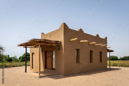 Modern Mud House Minimalist Small Exterior Senegal Style Diverse Natural Settings Vibrant Accents Photorealistic Textures Dynamic Lighting Randomized Weather Elegant Design (AI-Generated)