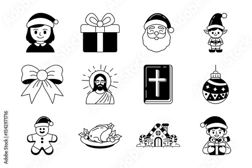 black and white illustration icons of christmas things collection