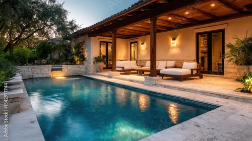 Wallpaper Mural This serene image presents a luxurious poolside patio area with elegant seating, highlighting the tranquility and beauty of outdoor relaxation. Torontodigital.ca