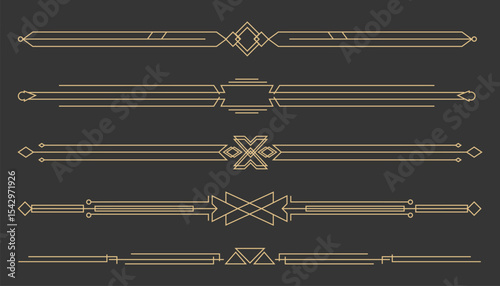 Art deco golden retro divider, border. Line frame vintage geometry gold elegant decoration. Set ornate decor elements.